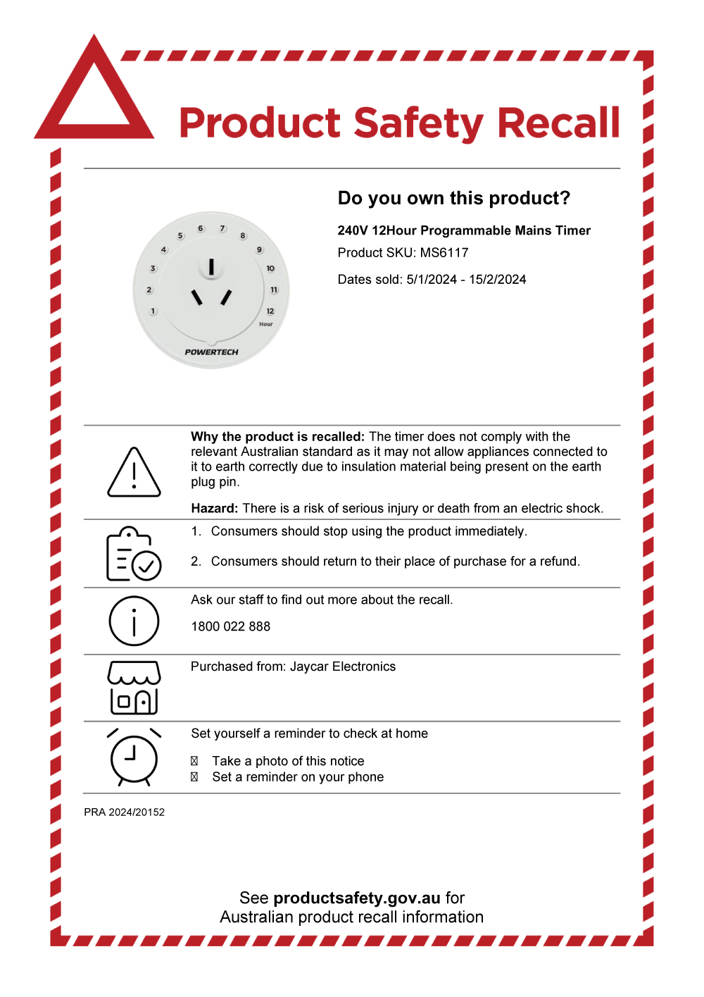 Product recalls Jaycar Electronics